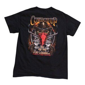 Cowboy Up Mens Black Graphic T Shirt Medium 100% Cotton Western Tee